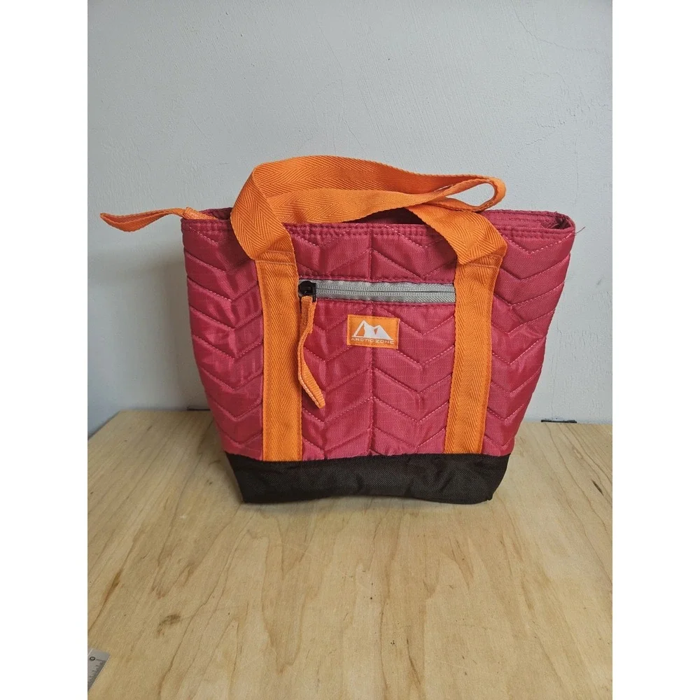 Arctic Zone Insulated Lunch Tote Bag Pink Orange Quilted Zipper Cooler Handbag